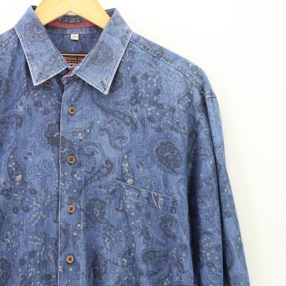 Patrick James Shirt Mens Blue Paisley Pattern Button Down Collared Regular Large - Picture 2 of 9